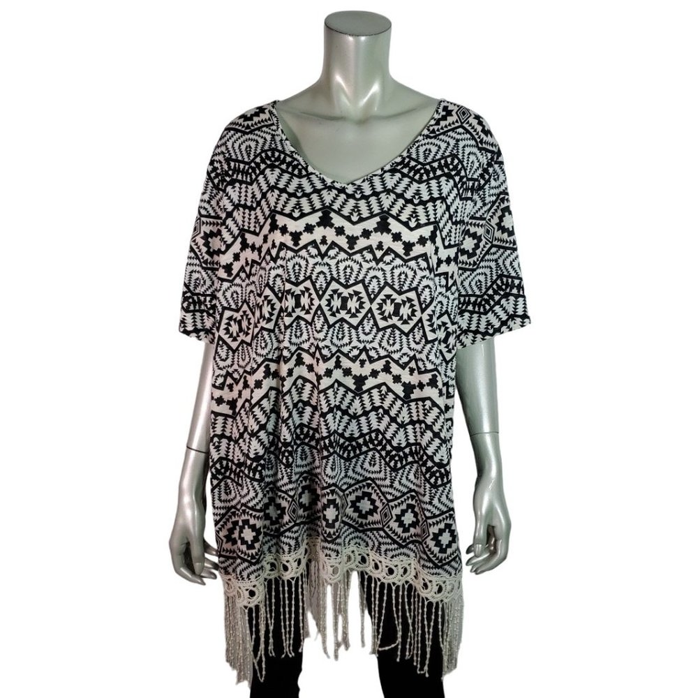 Catherines Top Plus‎ Size 2X Petite Tunic Fringe Stretch V-Neck Pullover Black
